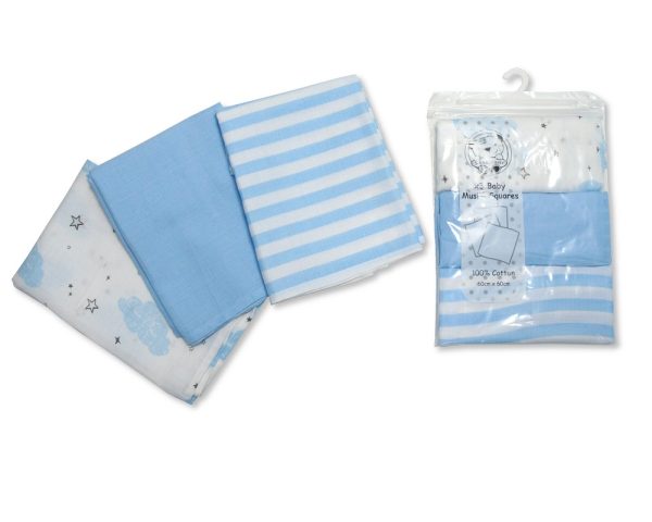 Snuggle Baby 3pk Muslin Squares Blue/White