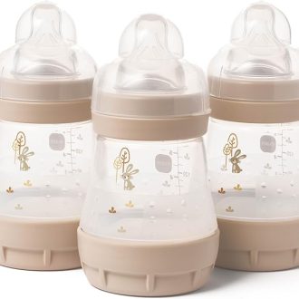 MAM Easy Start Self Sterilising Anti-Colic Baby Bottle 3 Pack (3 x 160 ml) with Slow Flow MAM Teats Size 1, White (Designs May Vary)