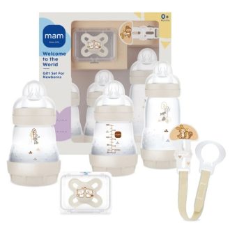 MAM Welcome to the World Gift Set | 3x Feeding Bottles, 0-2 Month Soother and MAM Soother Clip