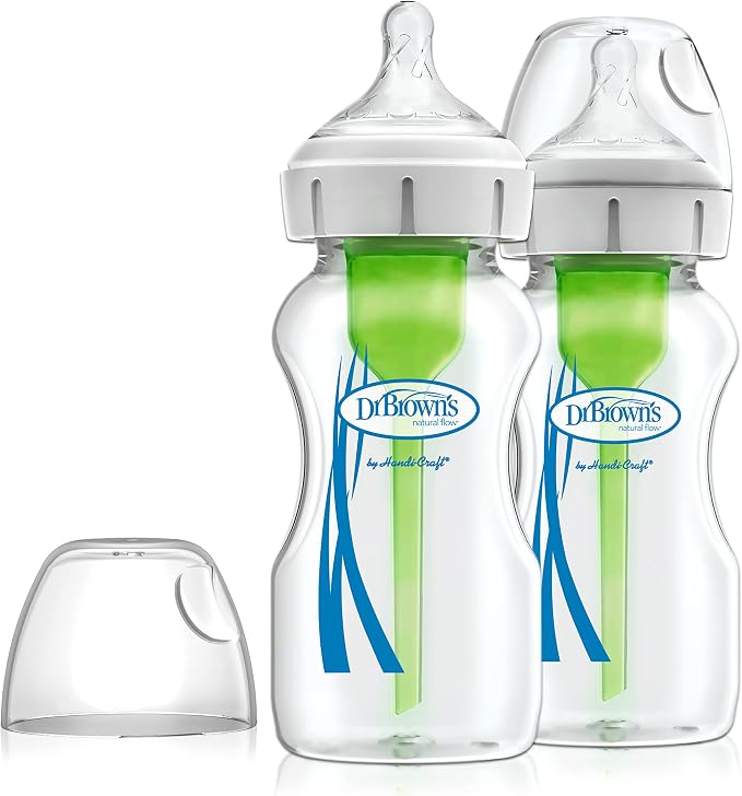 Dr. Brown’s Natural Flow Anti-Colic Options+ Wide Mouth Glass Baby Bottle, 9 oz/270 ml, with Level 1 Slow Teat, Pack of 2